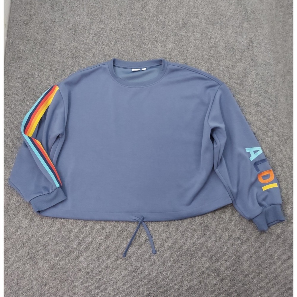 Aldi Gear Sweatshirt Womens XL Blue Rainbow Stripe Sleeve Drawstring Waist Cozy